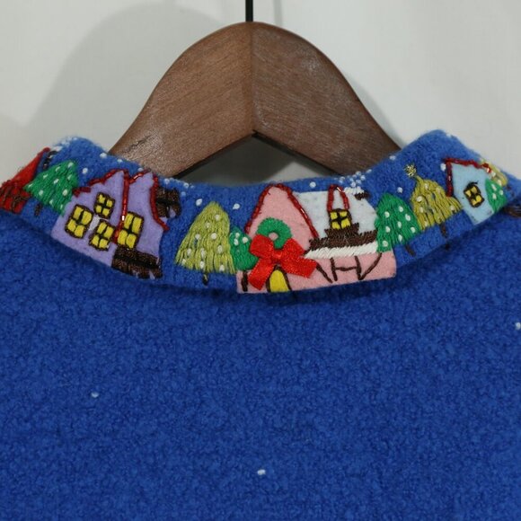 Kids Christmas Sweater Cardigan Blue Beaded Santa Reindeer Holiday Village Small - Picture 6 of 7